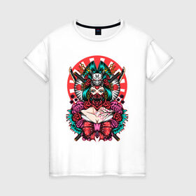 Женская футболка хлопок с принтом Японская гейша воительница в Екатеринбурге, 100% хлопок | прямой крой, круглый вырез горловины, длина до линии бедер, слегка спущенное плечо | катана | цветы | череп | япония