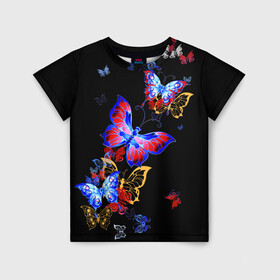 Детская футболка 3D с принтом Поцелуй бабочек в Екатеринбурге, 100% гипоаллергенный полиэфир | прямой крой, круглый вырез горловины, длина до линии бедер, чуть спущенное плечо, ткань немного тянется | angel | butterfly | fairy | neon | night | wings | ангел | бабочка | бабочки | девушке | животные | красочные | крылья | летающие | магия | махаон | мотыльки | насекомые | неоновые | ночные | ночь | подарок | природа