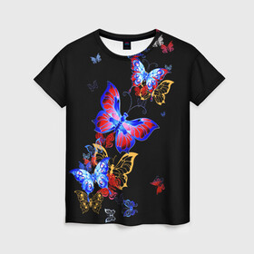 Женская футболка 3D с принтом Поцелуй бабочек в Екатеринбурге, 100% полиэфир ( синтетическое хлопкоподобное полотно) | прямой крой, круглый вырез горловины, длина до линии бедер | angel | butterfly | fairy | neon | night | wings | ангел | бабочка | бабочки | девушке | животные | красочные | крылья | летающие | магия | махаон | мотыльки | насекомые | неоновые | ночные | ночь | подарок | природа
