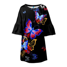Детское платье 3D с принтом Поцелуй бабочек в Екатеринбурге, 100% полиэстер | прямой силуэт, чуть расширенный к низу. Круглая горловина, на рукавах — воланы | angel | butterfly | fairy | neon | night | wings | ангел | бабочка | бабочки | девушке | животные | красочные | крылья | летающие | магия | махаон | мотыльки | насекомые | неоновые | ночные | ночь | подарок | природа