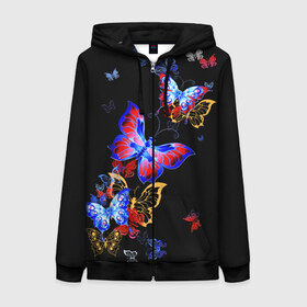 Женская толстовка 3D на молнии с принтом Поцелуй бабочек в Екатеринбурге, 100% полиэстер | длина до линии бедра, манжеты и пояс оформлены мягкой тканевой резинкой, двухслойный капюшон со шнурком для регулировки, спереди молния, по бокам два кармана | angel | butterfly | fairy | neon | night | wings | ангел | бабочка | бабочки | девушке | животные | красочные | крылья | летающие | магия | махаон | мотыльки | насекомые | неоновые | ночные | ночь | подарок | природа
