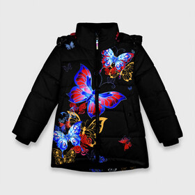 Зимняя куртка для девочек 3D с принтом Поцелуй бабочек в Екатеринбурге, ткань верха — 100% полиэстер; подклад — 100% полиэстер, утеплитель — 100% полиэстер. | длина ниже бедра, удлиненная спинка, воротник стойка и отстегивающийся капюшон. Есть боковые карманы с листочкой на кнопках, утяжки по низу изделия и внутренний карман на молнии. 

Предусмотрены светоотражающий принт на спинке, радужный светоотражающий элемент на пуллере молнии и на резинке для утяжки. | angel | butterfly | fairy | neon | night | wings | ангел | бабочка | бабочки | девушке | животные | красочные | крылья | летающие | магия | махаон | мотыльки | насекомые | неоновые | ночные | ночь | подарок | природа