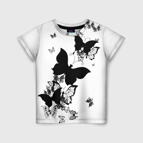 Детская футболка 3D с принтом Черные бабочки на белом в Екатеринбурге, 100% гипоаллергенный полиэфир | прямой крой, круглый вырез горловины, длина до линии бедер, чуть спущенное плечо, ткань немного тянется | angel | black and white | butterfly | fairy | fashion girl | wings | ангел | бабочка | девушке | животные | крылья | летающие | магия | махаон | мотылек | мотыльки | насекомые | нежные | подарок | природа | сказочные | татуировки