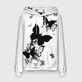 Женская толстовка 3D с принтом Черные бабочки на белом в Екатеринбурге, 100% полиэстер  | двухслойный капюшон со шнурком для регулировки, мягкие манжеты на рукавах и по низу толстовки, спереди карман-кенгуру с мягким внутренним слоем. | angel | black and white | butterfly | fairy | fashion girl | wings | ангел | бабочка | девушке | животные | крылья | летающие | магия | махаон | мотылек | мотыльки | насекомые | нежные | подарок | природа | сказочные | татуировки