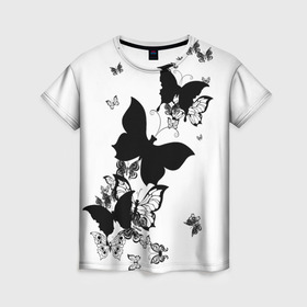 Женская футболка 3D с принтом Черные бабочки на белом в Екатеринбурге, 100% полиэфир ( синтетическое хлопкоподобное полотно) | прямой крой, круглый вырез горловины, длина до линии бедер | angel | black and white | butterfly | fairy | fashion girl | wings | ангел | бабочка | девушке | животные | крылья | летающие | магия | махаон | мотылек | мотыльки | насекомые | нежные | подарок | природа | сказочные | татуировки