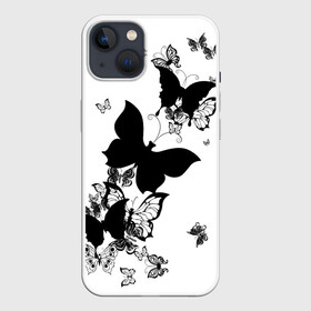 Чехол для iPhone 13 с принтом Черные бабочки на белом в Екатеринбурге,  |  | angel | black and white | butterfly | fairy | fashion girl | wings | ангел | бабочка | девушке | животные | крылья | летающие | магия | махаон | мотылек | мотыльки | насекомые | нежные | подарок | природа | сказочные | татуировки