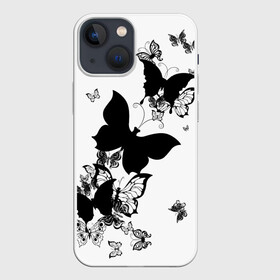 Чехол для iPhone 13 mini с принтом Черные бабочки на белом в Екатеринбурге,  |  | angel | black and white | butterfly | fairy | fashion girl | wings | ангел | бабочка | девушке | животные | крылья | летающие | магия | махаон | мотылек | мотыльки | насекомые | нежные | подарок | природа | сказочные | татуировки