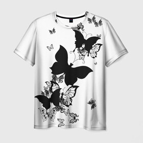 Мужская футболка 3D с принтом Черные бабочки на белом в Екатеринбурге, 100% полиэфир | прямой крой, круглый вырез горловины, длина до линии бедер | angel | black and white | butterfly | fairy | fashion girl | wings | ангел | бабочка | девушке | животные | крылья | летающие | магия | махаон | мотылек | мотыльки | насекомые | нежные | подарок | природа | сказочные | татуировки