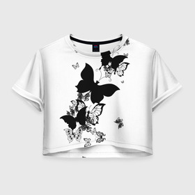 Женская футболка Crop-top 3D с принтом Черные бабочки на белом в Екатеринбурге, 100% полиэстер | круглая горловина, длина футболки до линии талии, рукава с отворотами | angel | black and white | butterfly | fairy | fashion girl | wings | ангел | бабочка | девушке | животные | крылья | летающие | магия | махаон | мотылек | мотыльки | насекомые | нежные | подарок | природа | сказочные | татуировки