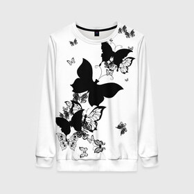 Женский свитшот 3D с принтом Черные бабочки на белом в Екатеринбурге, 100% полиэстер с мягким внутренним слоем | круглый вырез горловины, мягкая резинка на манжетах и поясе, свободная посадка по фигуре | angel | black and white | butterfly | fairy | fashion girl | wings | ангел | бабочка | девушке | животные | крылья | летающие | магия | махаон | мотылек | мотыльки | насекомые | нежные | подарок | природа | сказочные | татуировки