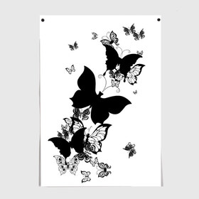 Постер с принтом Черные бабочки на белом в Екатеринбурге, 100% бумага
 | бумага, плотность 150 мг. Матовая, но за счет высокого коэффициента гладкости имеет небольшой блеск и дает на свету блики, но в отличии от глянцевой бумаги не покрыта лаком | angel | black and white | butterfly | fairy | fashion girl | wings | ангел | бабочка | девушке | животные | крылья | летающие | магия | махаон | мотылек | мотыльки | насекомые | нежные | подарок | природа | сказочные | татуировки