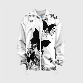Детская куртка 3D с принтом Черные бабочки на белом в Екатеринбурге, 100% полиэстер | застежка — молния, подол и капюшон оформлены резинкой с фиксаторами, по бокам — два кармана без застежек, один потайной карман на груди, плотность верхнего слоя — 90 г/м2; плотность флисового подклада — 260 г/м2 | angel | black and white | butterfly | fairy | fashion girl | wings | ангел | бабочка | девушке | животные | крылья | летающие | магия | махаон | мотылек | мотыльки | насекомые | нежные | подарок | природа | сказочные | татуировки