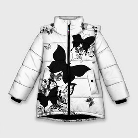 Зимняя куртка для девочек 3D с принтом Черные бабочки на белом в Екатеринбурге, ткань верха — 100% полиэстер; подклад — 100% полиэстер, утеплитель — 100% полиэстер. | длина ниже бедра, удлиненная спинка, воротник стойка и отстегивающийся капюшон. Есть боковые карманы с листочкой на кнопках, утяжки по низу изделия и внутренний карман на молнии. 

Предусмотрены светоотражающий принт на спинке, радужный светоотражающий элемент на пуллере молнии и на резинке для утяжки. | angel | black and white | butterfly | fairy | fashion girl | wings | ангел | бабочка | девушке | животные | крылья | летающие | магия | махаон | мотылек | мотыльки | насекомые | нежные | подарок | природа | сказочные | татуировки
