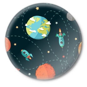 Значок с принтом Космический перелёт в Екатеринбурге,  металл | круглая форма, металлическая застежка в виде булавки | арт | звезда | звёзды | земля | космос | марс | перелёт | планета | планеты | полёт | ракета | ракеты | рисунок | сатурн | юпитер