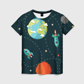 Женская футболка 3D с принтом Космический перелёт в Екатеринбурге, 100% полиэфир ( синтетическое хлопкоподобное полотно) | прямой крой, круглый вырез горловины, длина до линии бедер | арт | звезда | звёзды | земля | космос | марс | перелёт | планета | планеты | полёт | ракета | ракеты | рисунок | сатурн | юпитер