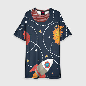 Детское платье 3D с принтом Космический перелёт в Екатеринбурге, 100% полиэстер | прямой силуэт, чуть расширенный к низу. Круглая горловина, на рукавах — воланы | Тематика изображения на принте: арт | звезда | звёзды | земля | космос | марс | перелёт | планета | планеты | полёт | ракета | ракеты | рисунок | сатурн | солнце | юпитер