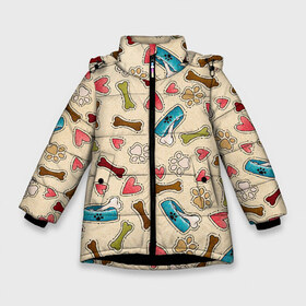 Зимняя куртка для девочек 3D с принтом Собачьи следы в Екатеринбурге, ткань верха — 100% полиэстер; подклад — 100% полиэстер, утеплитель — 100% полиэстер. | длина ниже бедра, удлиненная спинка, воротник стойка и отстегивающийся капюшон. Есть боковые карманы с листочкой на кнопках, утяжки по низу изделия и внутренний карман на молнии. 

Предусмотрены светоотражающий принт на спинке, радужный светоотражающий элемент на пуллере молнии и на резинке для утяжки. | арт | косточка | кость | лапки | отпечатки | рисунок | следы | собака | собачьи лапки