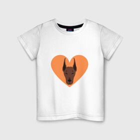 Детская футболка хлопок с принтом Сердечный Доберман в Екатеринбурге, 100% хлопок | круглый вырез горловины, полуприлегающий силуэт, длина до линии бедер | доберман | животное | клыки | коричневый | красный | лапы | любовь | оранжевый | пес | питомец | подарок | сердце | собака | улыбка | шерсть | щенок