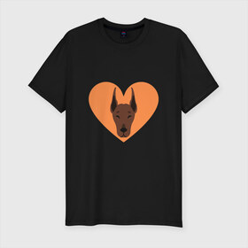 Мужская футболка хлопок Slim с принтом Сердечный Доберман в Екатеринбурге, 92% хлопок, 8% лайкра | приталенный силуэт, круглый вырез ворота, длина до линии бедра, короткий рукав | доберман | животное | клыки | коричневый | красный | лапы | любовь | оранжевый | пес | питомец | подарок | сердце | собака | улыбка | шерсть | щенок