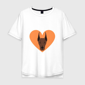 Мужская футболка хлопок Oversize с принтом Сердечный Доберман в Екатеринбурге, 100% хлопок | свободный крой, круглый ворот, “спинка” длиннее передней части | доберман | животное | клыки | коричневый | красный | лапы | любовь | оранжевый | пес | питомец | подарок | сердце | собака | улыбка | шерсть | щенок