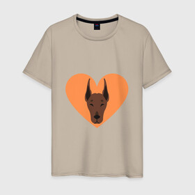 Мужская футболка хлопок с принтом Сердечный Доберман в Екатеринбурге, 100% хлопок | прямой крой, круглый вырез горловины, длина до линии бедер, слегка спущенное плечо. | доберман | животное | клыки | коричневый | красный | лапы | любовь | оранжевый | пес | питомец | подарок | сердце | собака | улыбка | шерсть | щенок