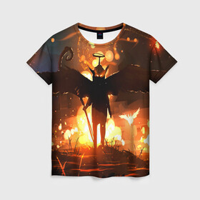 Женская футболка 3D с принтом Темный ангел ада  в Екатеринбурге, 100% полиэфир ( синтетическое хлопкоподобное полотно) | прямой крой, круглый вырез горловины, длина до линии бедер | ад | внутренне зло | демон | демоненок | крылья | миф | нимб | посох | преисподняя | силэут | страшные сказки | темный ангел | фольклор