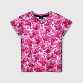 Детская футболка 3D с принтом Розовые орхидеи в Екатеринбурге, 100% гипоаллергенный полиэфир | прямой крой, круглый вырез горловины, длина до линии бедер, чуть спущенное плечо, ткань немного тянется | fashion flowers | pink | tropical | азия | бабочки | бразилия | букет | бутоны | джунгли | лепестки | лето | любимая | марта | нежные | орхидея | подарок | природа | растения | тропики | тропические | узор | цветение