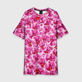 Детское платье 3D с принтом Розовые орхидеи в Екатеринбурге, 100% полиэстер | прямой силуэт, чуть расширенный к низу. Круглая горловина, на рукавах — воланы | Тематика изображения на принте: fashion flowers | pink | tropical | азия | бабочки | бразилия | букет | бутоны | джунгли | лепестки | лето | любимая | марта | нежные | орхидея | подарок | природа | растения | тропики | тропические | узор | цветение