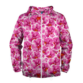 Мужская ветровка 3D с принтом Розовые орхидеи в Екатеринбурге, 100% полиэстер | подол и капюшон оформлены резинкой с фиксаторами, два кармана без застежек по бокам, один потайной карман на груди | Тематика изображения на принте: fashion flowers | pink | tropical | азия | бабочки | бразилия | букет | бутоны | джунгли | лепестки | лето | любимая | марта | нежные | орхидея | подарок | природа | растения | тропики | тропические | узор | цветение