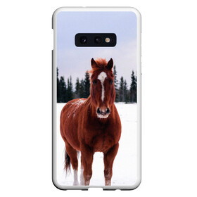 Чехол для Samsung S10E с принтом Конь и снег в Екатеринбурге, Силикон | Область печати: задняя сторона чехла, без боковых панелей | животные | звери | зима | кони | конь | коняшка | лошади | лошадка | лошадь | пони | природа | снег