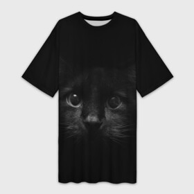 Платье-футболка 3D с принтом черный кот в Екатеринбурге,  |  | животные | зайка | заяц | звери | зевающий кот | кися | кот | котенок | котики | коты | кричащий кот | кролик | минимализм | питомцы | прикольные картинки