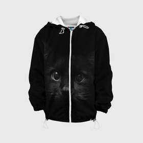 Детская куртка 3D с принтом черный кот в Екатеринбурге, 100% полиэстер | застежка — молния, подол и капюшон оформлены резинкой с фиксаторами, по бокам — два кармана без застежек, один потайной карман на груди, плотность верхнего слоя — 90 г/м2; плотность флисового подклада — 260 г/м2 | Тематика изображения на принте: животные | зайка | заяц | звери | зевающий кот | кися | кот | котенок | котики | коты | кричащий кот | кролик | минимализм | питомцы | прикольные картинки