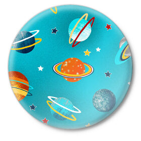 Значок с принтом Необычные планеты в Екатеринбурге,  металл | круглая форма, металлическая застежка в виде булавки | арт | бирюзовый | венера | звезда | звёзды | земля | марс | планета | планеты | рисунок | рисунок карандашом | сатурн | синий