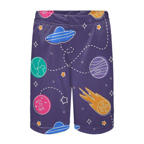Детские спортивные шорты 3D с принтом Космические туристы в Екатеринбурге,  100% полиэстер
 | пояс оформлен широкой мягкой резинкой, ткань тянется
 | арт | венера | звезда | звёзды | земля | инопланетяне | космос | марс | нло | ночь | планета | планеты | рисунок | сияние | тарелка | тарелки | юпитер