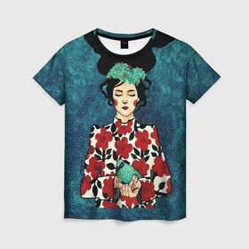 Женская футболка 3D с принтом Самоцветная девушка в Екатеринбурге, 100% полиэфир ( синтетическое хлопкоподобное полотно) | прямой крой, круглый вырез горловины, длина до линии бедер | flowers | girl | венок | девушка | лилии | одуванчики | птичка | ромашки | синичка | узор | цветы
