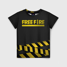 Детская футболка 3D с принтом Free Fire в Екатеринбурге, 100% гипоаллергенный полиэфир | прямой крой, круглый вырез горловины, длина до линии бедер, чуть спущенное плечо, ткань немного тянется | battlegrounds | free fire | garena | tricks | батл | королевская битва | рояль | фаир | фри фаер | экшн