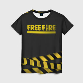 Женская футболка 3D с принтом Free Fire в Екатеринбурге, 100% полиэфир ( синтетическое хлопкоподобное полотно) | прямой крой, круглый вырез горловины, длина до линии бедер | battlegrounds | free fire | garena | tricks | батл | королевская битва | рояль | фаир | фри фаер | экшн
