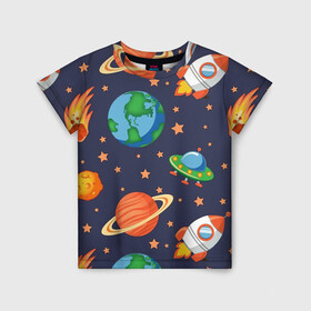 Детская футболка 3D с принтом Космическое путешествие в Екатеринбурге, 100% гипоаллергенный полиэфир | прямой крой, круглый вырез горловины, длина до линии бедер, чуть спущенное плечо, ткань немного тянется | Тематика изображения на принте: арт | астероид | астероиды | звезда | звёзды | земля | космос | планета | планеты | ракета | ракеты | рисунок | сатурн | фобас