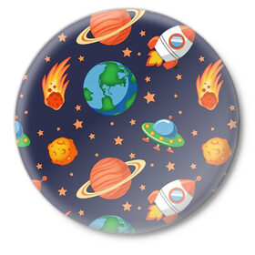 Значок с принтом Космическое путешествие в Екатеринбурге,  металл | круглая форма, металлическая застежка в виде булавки | арт | астероид | астероиды | звезда | звёзды | земля | космос | планета | планеты | ракета | ракеты | рисунок | сатурн | фобас