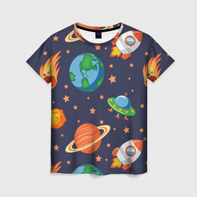 Женская футболка 3D с принтом Космическое путешествие в Екатеринбурге, 100% полиэфир ( синтетическое хлопкоподобное полотно) | прямой крой, круглый вырез горловины, длина до линии бедер | арт | астероид | астероиды | звезда | звёзды | земля | космос | планета | планеты | ракета | ракеты | рисунок | сатурн | фобас