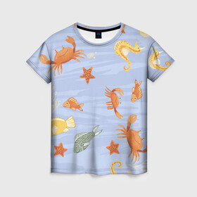 Женская футболка 3D с принтом Морские обитатели в Екатеринбурге, 100% полиэфир ( синтетическое хлопкоподобное полотно) | прямой крой, круглый вырез горловины, длина до линии бедер | арт | жёлтый | звезда | звёзды | коралл | кораллы | краб | крабы | красный | медуза | медузы | море | морская звезда | морские звёзды | морские коньки | морской конёк | песок | рисунок | рыба | рыбы