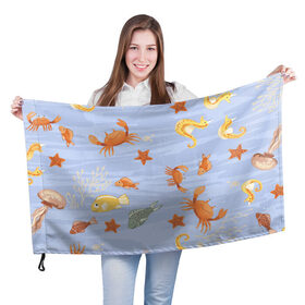 Флаг 3D с принтом Морские обитатели в Екатеринбурге, 100% полиэстер | плотность ткани — 95 г/м2, размер — 67 х 109 см. Принт наносится с одной стороны | арт | жёлтый | звезда | звёзды | коралл | кораллы | краб | крабы | красный | медуза | медузы | море | морская звезда | морские звёзды | морские коньки | морской конёк | песок | рисунок | рыба | рыбы