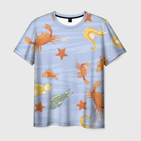 Мужская футболка 3D с принтом Морские обитатели в Екатеринбурге, 100% полиэфир | прямой крой, круглый вырез горловины, длина до линии бедер | арт | жёлтый | звезда | звёзды | коралл | кораллы | краб | крабы | красный | медуза | медузы | море | морская звезда | морские звёзды | морские коньки | морской конёк | песок | рисунок | рыба | рыбы