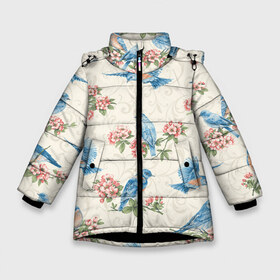 Зимняя куртка для девочек 3D с принтом Синие птицы в Екатеринбурге, ткань верха — 100% полиэстер; подклад — 100% полиэстер, утеплитель — 100% полиэстер. | длина ниже бедра, удлиненная спинка, воротник стойка и отстегивающийся капюшон. Есть боковые карманы с листочкой на кнопках, утяжки по низу изделия и внутренний карман на молнии. 

Предусмотрены светоотражающий принт на спинке, радужный светоотражающий элемент на пуллере молнии и на резинке для утяжки. | арт | вектор | ветка | ветки | жёлтый | зеленый | птица | птицы | рисунок | рисунок карандашом | розовый | синий | цветок | цветочная ветка | цветочные ветки | цветы