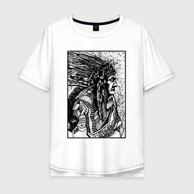 Мужская футболка хлопок Oversize с принтом Drawing indian в Екатеринбурге, 100% хлопок | свободный крой, круглый ворот, “спинка” длиннее передней части | black | drawing | indian | индеец | рисунок | черный