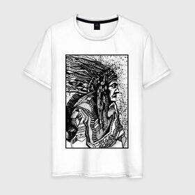 Мужская футболка хлопок с принтом Drawing indian в Екатеринбурге, 100% хлопок | прямой крой, круглый вырез горловины, длина до линии бедер, слегка спущенное плечо. | black | drawing | indian | индеец | рисунок | черный