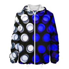 Мужская куртка 3D с принтом GGGelt в Екатеринбурге, ткань верха — 100% полиэстер, подклад — флис | прямой крой, подол и капюшон оформлены резинкой с фиксаторами, два кармана без застежек по бокам, один большой потайной карман на груди. Карман на груди застегивается на липучку | abstraction | blue | circles | light | shapes | white | абстракция | белый | круги | свет | синий | формы