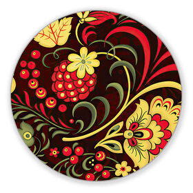 Коврик для мышки круглый с принтом Хохлома в Екатеринбурге, резина и полиэстер | круглая форма, изображение наносится на всю лицевую часть | арт | вектор | желтый | зеленый | золотой | красный | малина | народный рисунок | рисунок | хохлома | цветок | цветы | чёрный | ягода | ягоды