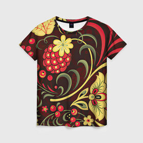 Женская футболка 3D с принтом Хохлома в Екатеринбурге, 100% полиэфир ( синтетическое хлопкоподобное полотно) | прямой крой, круглый вырез горловины, длина до линии бедер | арт | вектор | желтый | зеленый | золотой | красный | малина | народный рисунок | рисунок | хохлома | цветок | цветы | чёрный | ягода | ягоды