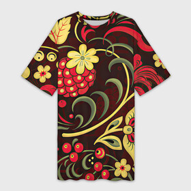 Платье-футболка 3D с принтом Хохлома в Екатеринбурге,  |  | арт | вектор | желтый | зеленый | золотой | красный | малина | народный рисунок | рисунок | хохлома | цветок | цветы | чёрный | ягода | ягоды